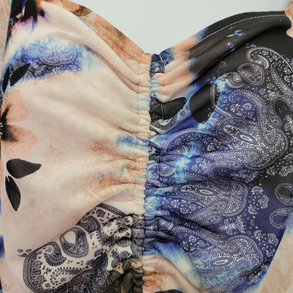 Boston Proper Ruched Off The Shoulder Blue Cream Watercolor Paisley Blouse Med - Picture 4 of 9